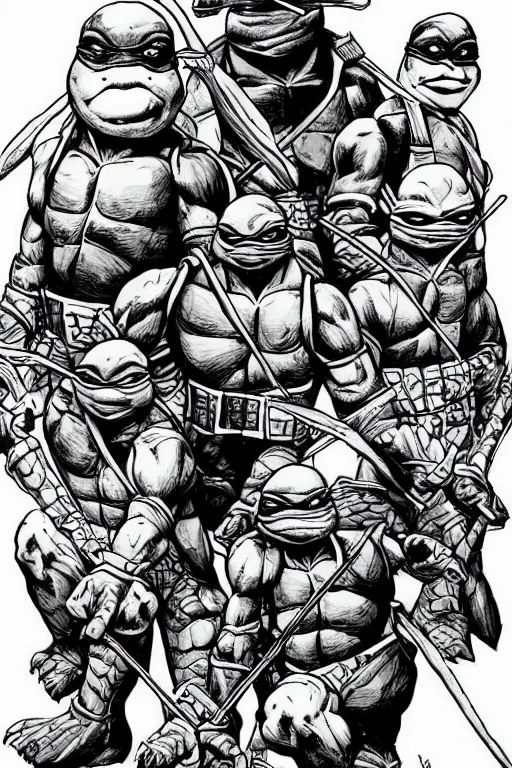 Prompt: jodeci as the teenage mutant ninja turtles, full body, pen an ink, comic books style, very detailed, by eric talbot, artstation, pinterest