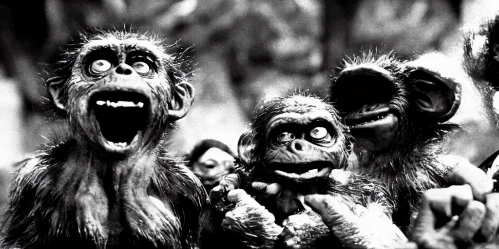 Prompt: frame from planet of the apes gremlins.