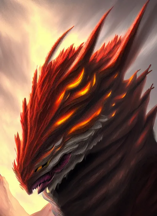 Image similar to ''face portrait furry handsome dragon, volcano landscape, fantasy, d & d, sharp focus, digital painting, concept art''