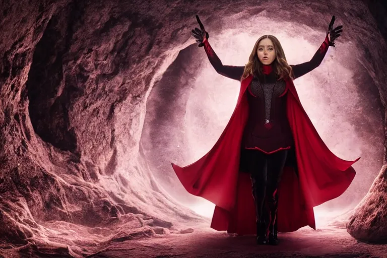 Image similar to movie still of elizabeth olsen as the scarlet witch, standing in the middle of a dark cave, holding red magic from her hands, illuminating the area, full - body portrait, golden ratio!!!!!, centered, trending on artstation, 8 k quality, cgsociety contest winner, artstation hd, artstation hq, luminous lighting