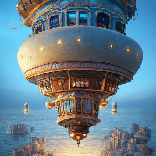 Prompt: A beautiful photograph of a detailed ornate steampunk airship flying over a majestic mediterranian port city filled with tiny glowing lanterns with a view of the ocean at sunset, by David Noren, jordan grimmer, tyler edlin, featured on cgsociety