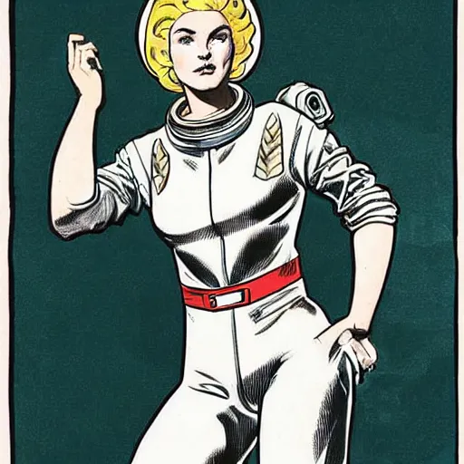 Prompt: a stoic heroic butch tomboy blonde emotionless woman, with very short slicked - back hair. she is dressed as an astronaut. well composed, clean elegant painting, beautiful detailed face. comic book art by steve ditko and jack kirby and ( alphonse mucha )