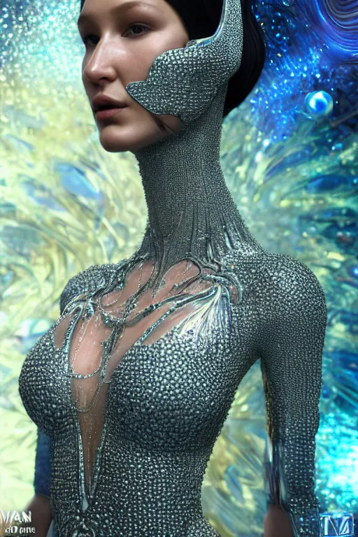 Image similar to a highly detailed metahuman 4 k close up render of an alien goddess bella hadid as galaxy in iris van herpen dress schiaparelli in diamonds crystals swarovski and jewelry in style of alphonse mucha gustav klimt trending on artstation made in unreal engine 4