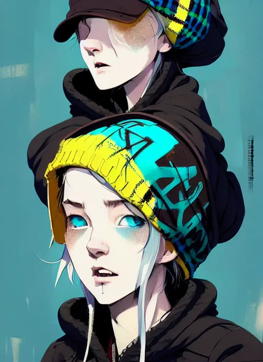 Prompt: highly detailed portrait of a sewer punk lady student, blue eyes, tartan hoody, hat, white hair by atey ghailan, by greg rutkowski, by greg tocchini, by james gilleard, by joe fenton, by kaethe butcher, gradient yellow, black, brown and cyan color scheme, grunge aesthetic!!! ( ( graffiti tag wall ) )