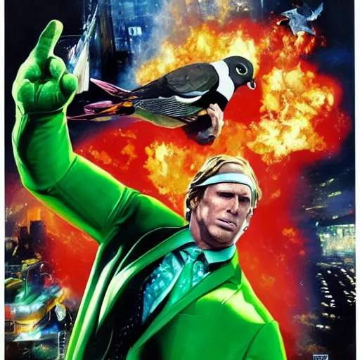 Image similar to action hero Michael Bay movie poster featuring Marvel Majestic Fat Pigeon in a extravagant full body green suit by Alex Ross, oil painting