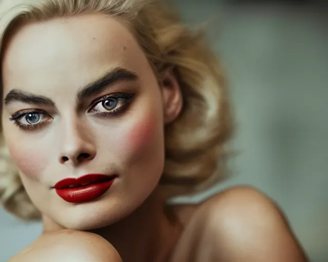 Image similar to a mix of margot robbie and mariyln monroe, hyper realistic face, beautiful eyes, cinematic, long shot, hyper detailed, 8 5 mm photograph, 8 k resolution, film still, sharp lens, wide lens