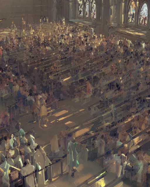 Image similar to craig mullins and ghibli digital matte art of a crowd in a futuristic church, strong lines, priest, pews, inviting, unreal engine, hyper realism, realistic shading, cinematic composition, realistic render, octane render, detailed textures, photorealistic, wide shot