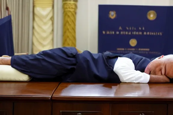 Prompt: a far away shot of Joe Biden sleeping on a bed in a court room