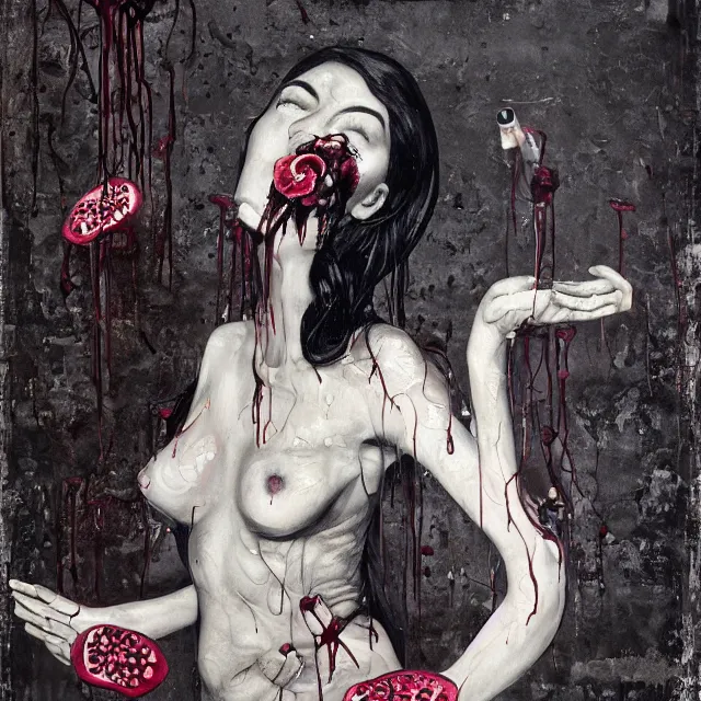 Prompt: an abandoned apartment with black walls, a sensual portrait of a female pathologist holding a brain, intravenous drip, pomegranate, seaweed, organic, sensual, pancakes, berries, octopus, surgical supplies, scientific glassware, candles, berry juice drips, neo - expressionism, surrealism, acrylic and spray paint and oilstick on canvas