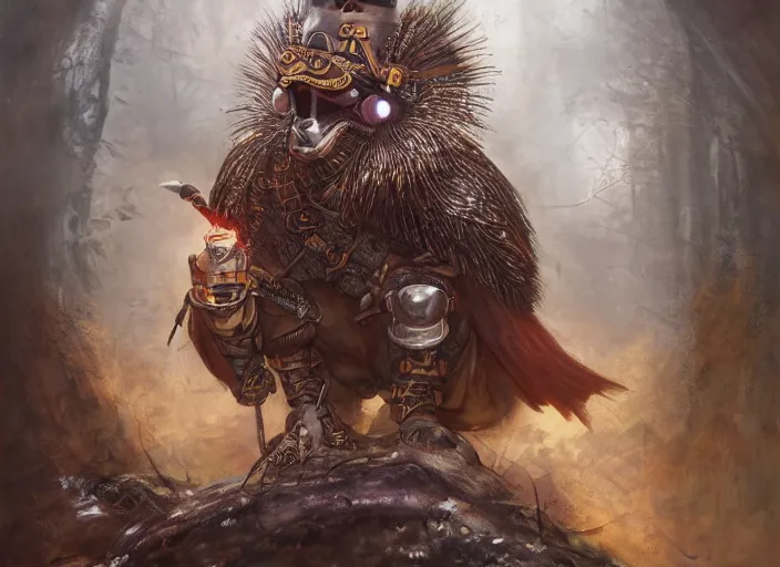 Image similar to ashigaru steampunk - inspired feathered mic, colorful plumage, lacquered armor, cute but determined, hard focus, art station, by jessica rossier and brian froud, cinematic fantasy painting, orange grey white, in a woodland glade