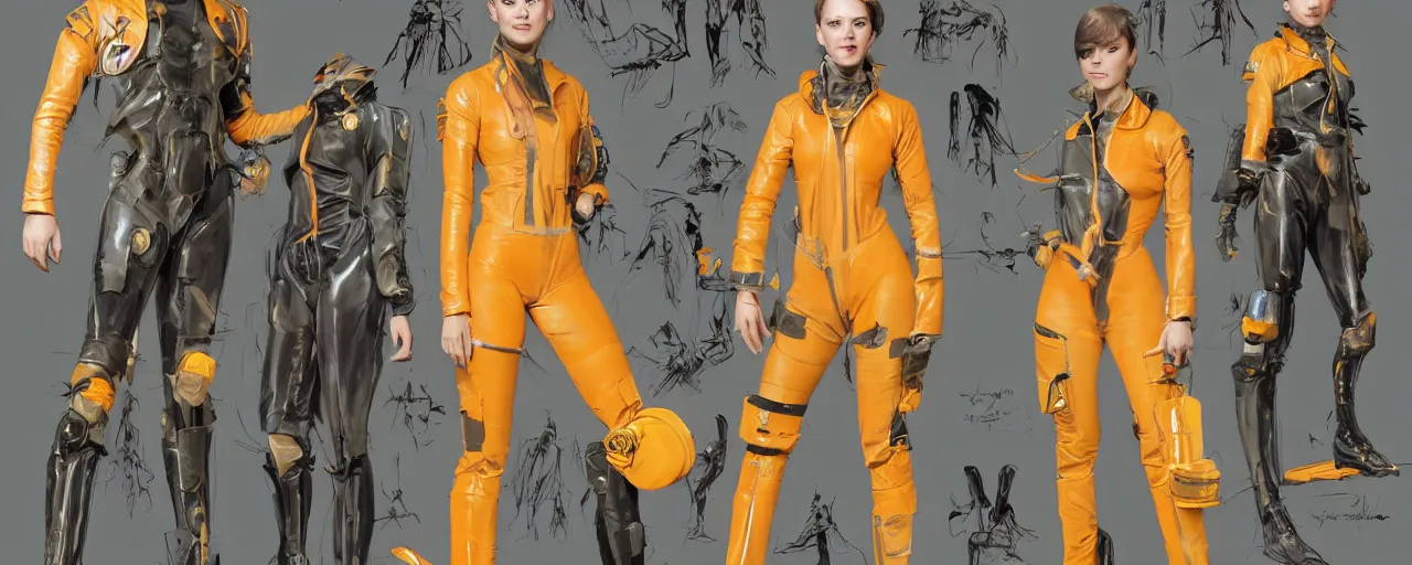 Image similar to character design, fashion reference sheet, gaunt, 70's jetfighter pilot girl, optimistic, dirty yellow and orange flight suit, scuffed exoskeleton in a dark hangar, concept art, photorealistic, hyperdetailed, 3d rendering!, studio lighting , art by Leyendecker! and syd mead,