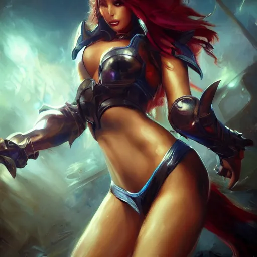 Prompt: leona from league of legends, epic scene, paint by Raymond Swanland