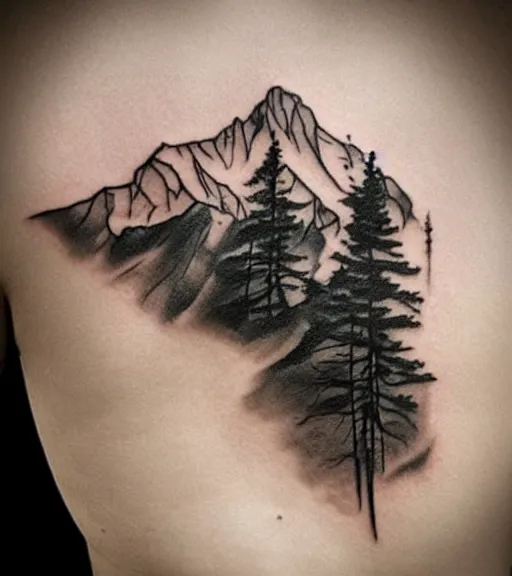 Prompt: tattoo design sketch of an extremely beautiful woman with a background of beautiful mountains on her side, hyper - realistic, double exposure effect, in the style of den yakovlev, amazing detail, black and white, faded