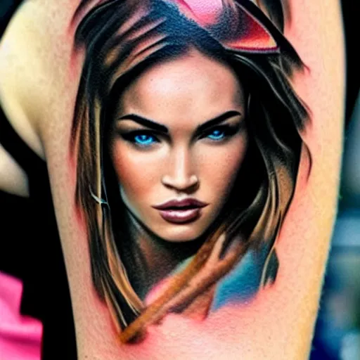 Image similar to hyper realism tattoo design of megan fox face double exposure effect with beautiful mountain scenery, in the style of matteo pasqualin, amazing detail, sharp, faded