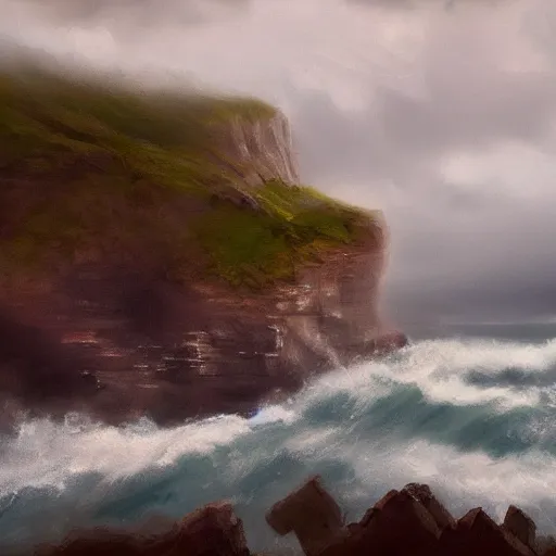 Prompt: a ranch by a ocean cliff, gray skies, aesthetic, oil painting, pale colors, high detail, 8 k, wide angle, trending on artstation,