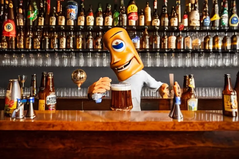 Prompt: a anthropomorphic bottle of beer stands in front of a bar waiting to be served by the bartender, pixar