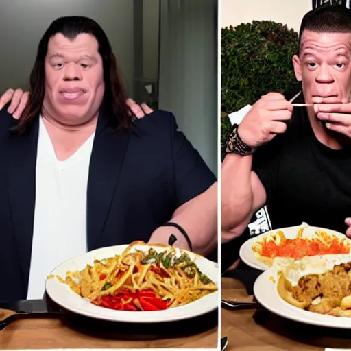 Image similar to obese john cena and michael jackson eating mukbang