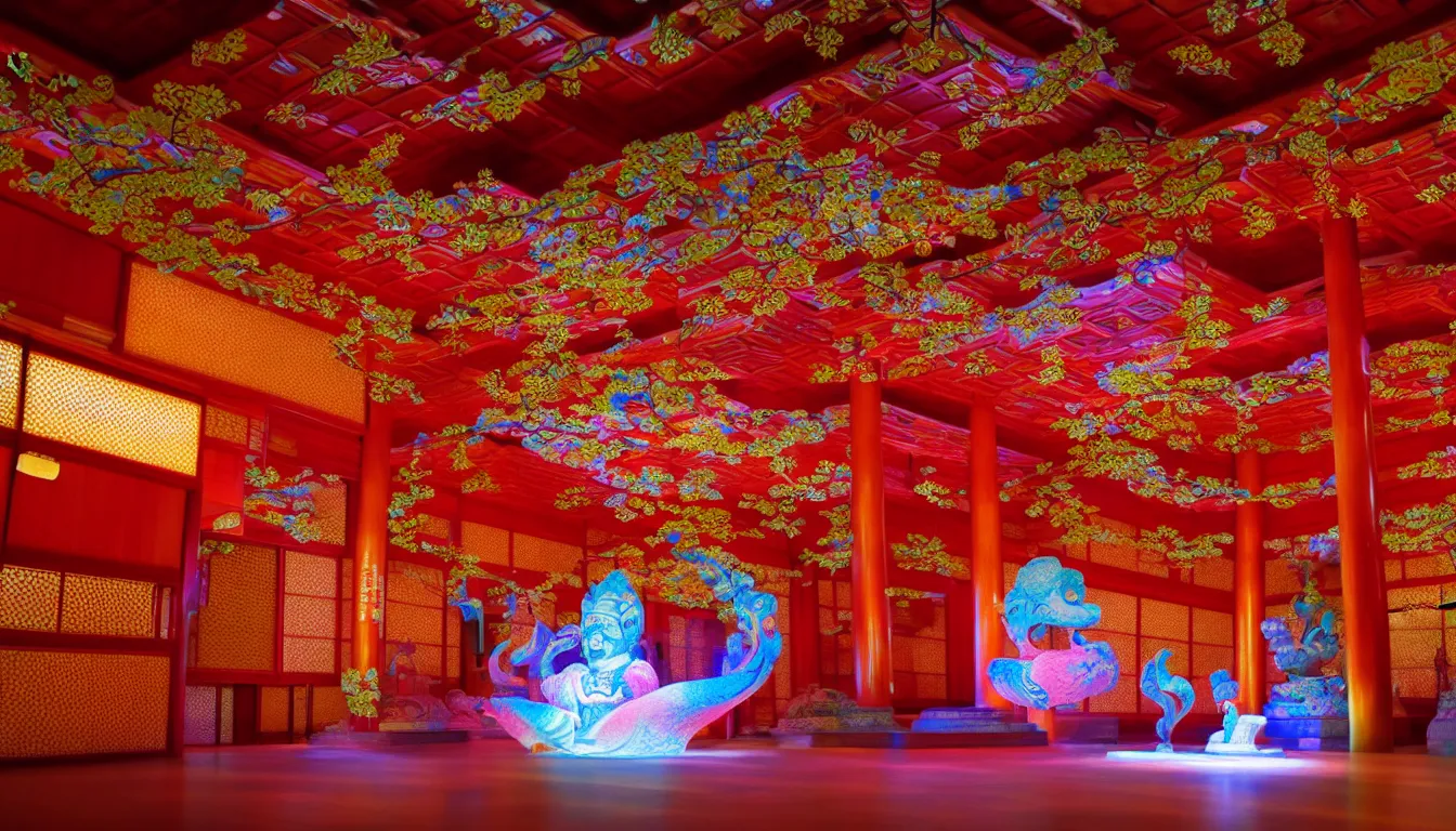 Prompt: volumetric lighting, flowing shimmering colourful fabrics, emerging sounds and an ancient male bearded face , inside a huge traditional Japanese Royal ornate temple , full colour , upscale , 4k