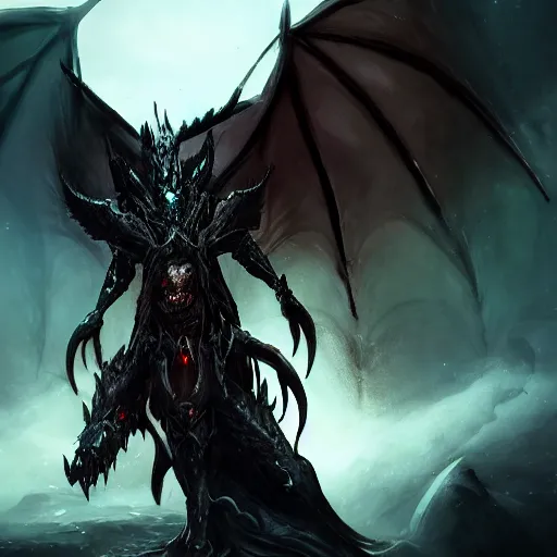 Image similar to dark fantasy concept of a vampire dragon god, with dark matter and molten armor on a mountain, cinematic, dynamic lighting, photorealistic, ultra detailed, trending on art station, stunning visuals, creative, hyper detailed