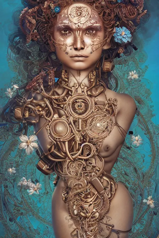 Image similar to a beautiful intricate fine art portrait photo of an indian cyborg with bionic implants, epic wavy hair spread out around her lined with white hibiscus, lying on a mandala, by natalie shau and james christensen, masterpiece!, turquoise blue face, mechanical robot body, top view, studio lighting, golden ratio composition, 3 5 mm lens, deep depth of field, artstation, 8 k