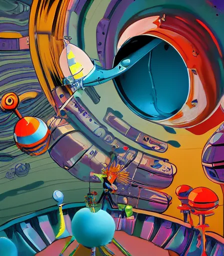 Prompt: Tim Burtons style The Jetsons by Alex Pardee and Nekro and Petros Afshar, and James McDermott,unstirred paint, vivid color, cgsociety 4K