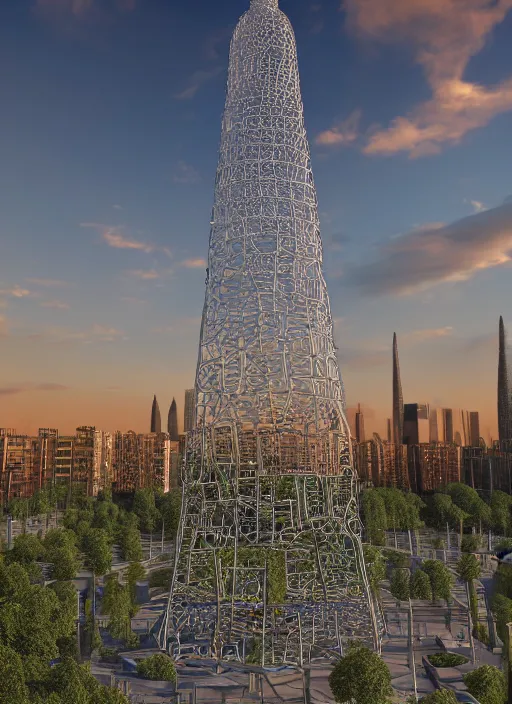 Image similar to highly detailed realistic architecture 3 d render of a stele shukhov tower with rouble inside standing in a city park, archdaily, made in unreal engine 4 octane render