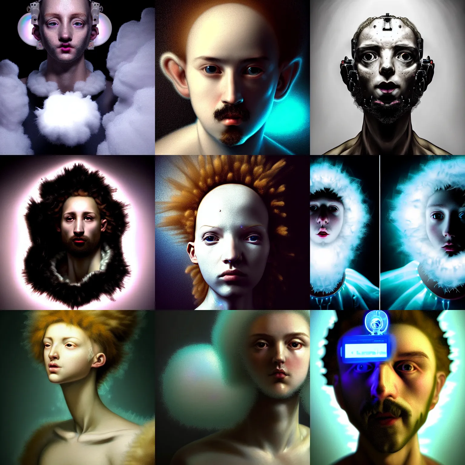 Prompt: portrait of a person made of fluffy clouds by artur tarnowski and jusepe de ribera and irakli nadar, futurepunk, cybernetic components!!, electrical wiring!, ring light, closeup, fantasy art, highly detailed, digital art, masterpiece, pearlescent, opalescent, iridescent, transhumaninsm!