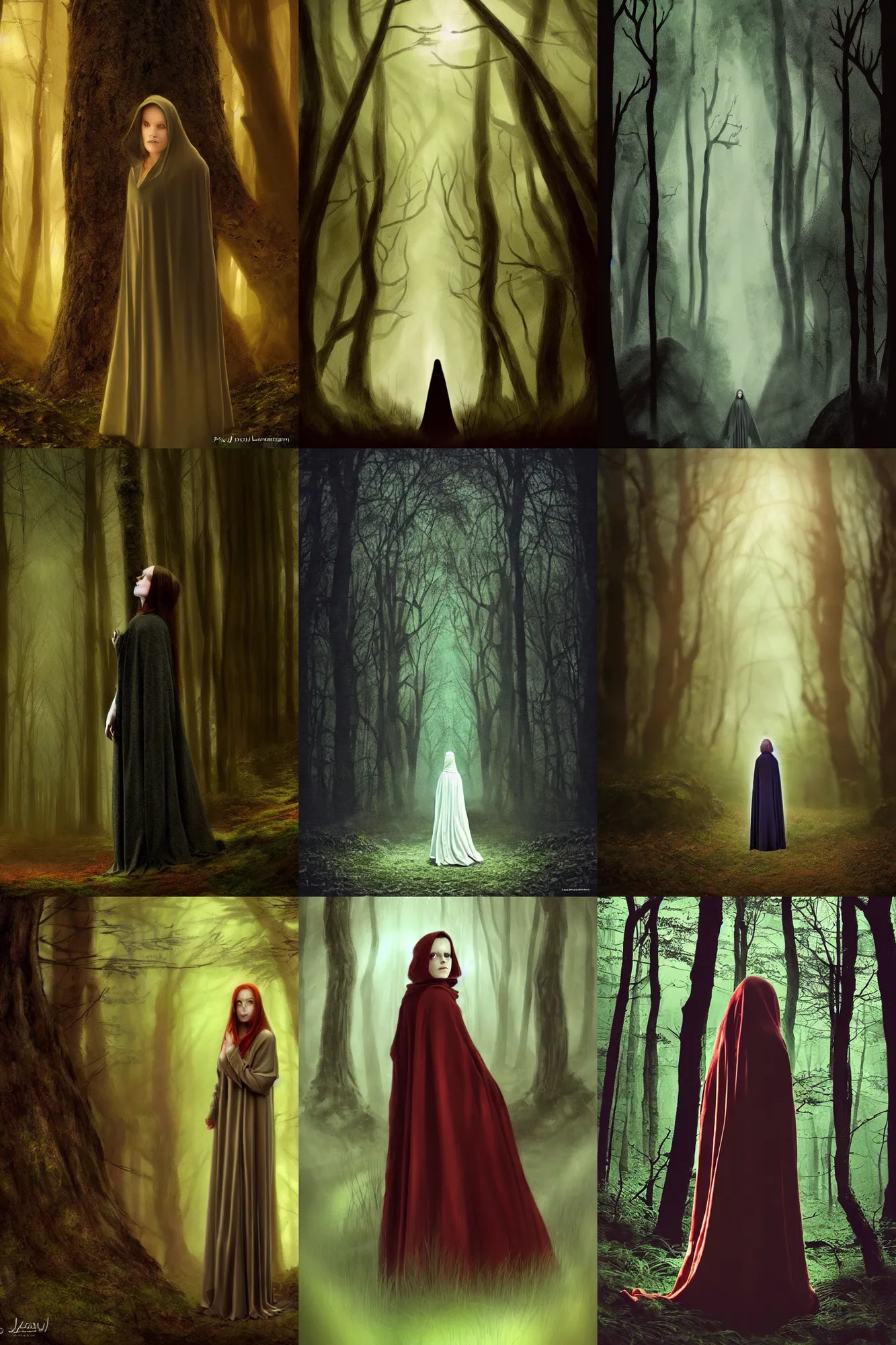 Prompt: a woman in a cloak standing in a forest by jeanne du maurier, award winning picture, masterpiece, movie still, horror film, wiccan, soft lighting, concept art, cinematic