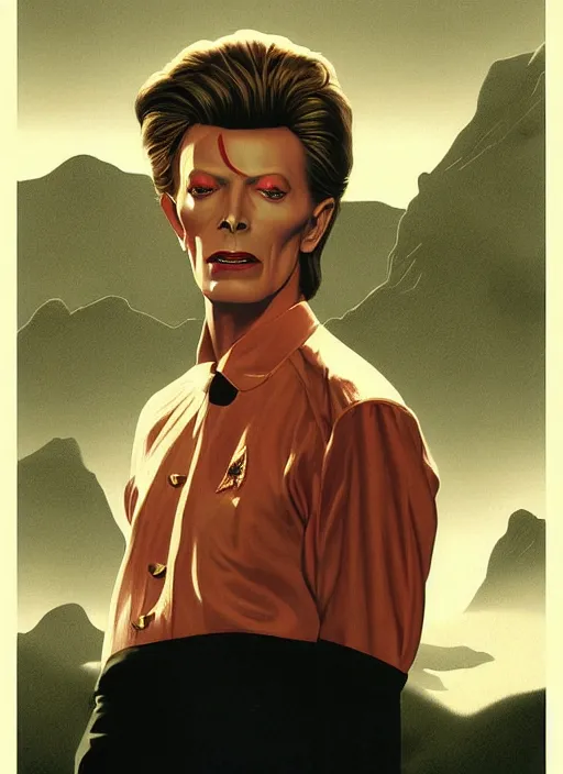 Prompt: twin peaks poster art, portrait of david bowie arriving in tweak peaks, by michael whelan, rossetti bouguereau, artgerm, retro, nostalgic, old fashioned