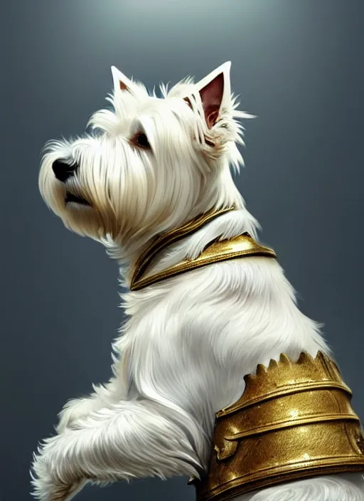 Prompt: a west highland white terrier sitting politely, facing the camera, wearing futuristic, golden armor, and a cannon mounted on his back, portrait, high detail, sharp focus, digital painting, artstation, concept art, art by hayao miyazaki and artgerm and greg rutkowski and alphonse mucha.