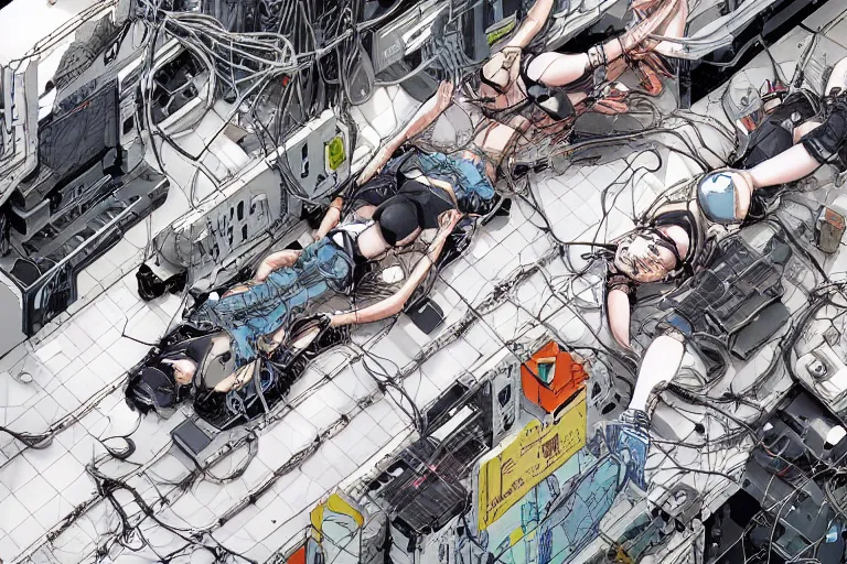 Image similar to a cyberpunk illustration of a group of three coherent female androids in style of masamune shirow, lying on an empty, white floor with their bodies broken scattered rotated in different directions and cables and wires coming out, by yukito kishiro and katsuhiro otomo, hyper-detailed, intricate, view from above