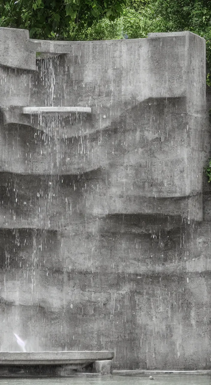 Prompt: a stream of water entering a concrete fountain and ejecting a coin, in the style of the Goetheanum, architectural photograph , isometric, kidneys, veins, marble texture , 8k