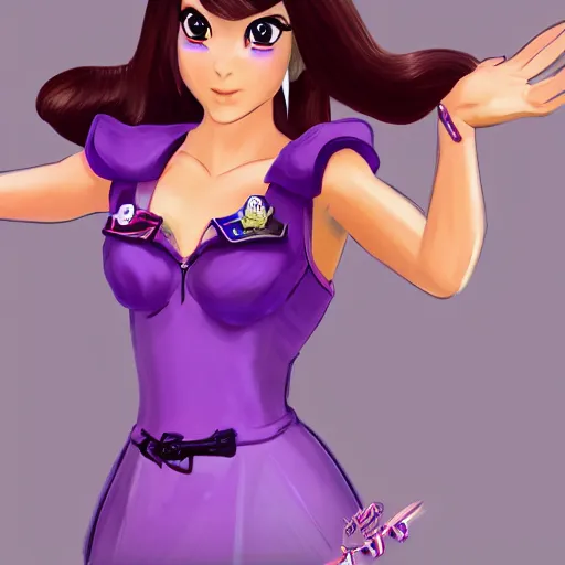 Prompt: The new Nintendo princess wearing purple who is a gorgeous supermodel feisty Latina with a confident attitude Nintendo concept art.