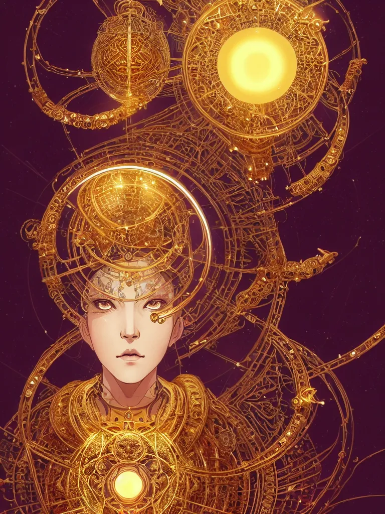 Prompt: 3 / 4 view of the goddess of creation staring intently at the camera in a golden gawn made of hexagons, a silver gorgon medallion in her chest, a giant mechanical clockwork planetarium in the background, triangular patterns, golden lights, art by guweiz, manga cover, intricate, elegant, highly detailed, smooth, sharp focus, artstation