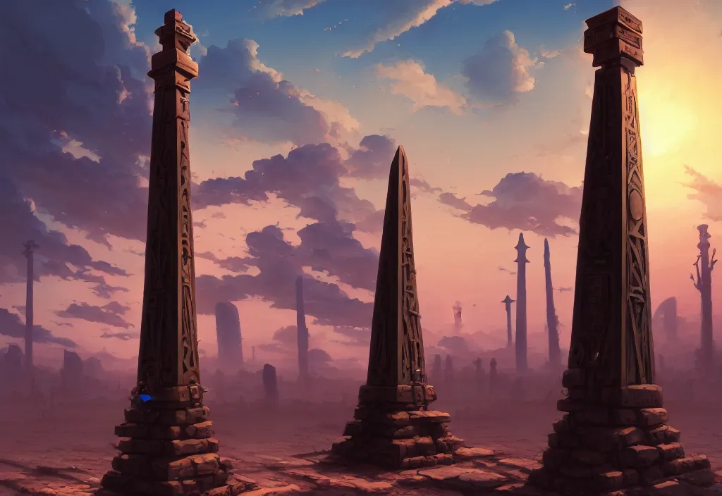 Prompt: a steampunk obelisk in a gloomy desert at dawn with gravestones in the foreground, intricate oil painting, high detail illustration, sharp high detail, manga and anime 1 9 9 9, official fanart behance hd artstation by jesper ejsing and makoto shinkai, 4 k,