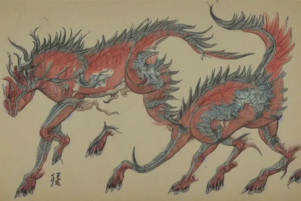 Image similar to Vintage, detailed, colored sketch of mythical creature anatomy, full body, with full descriptions, Chinese painting.