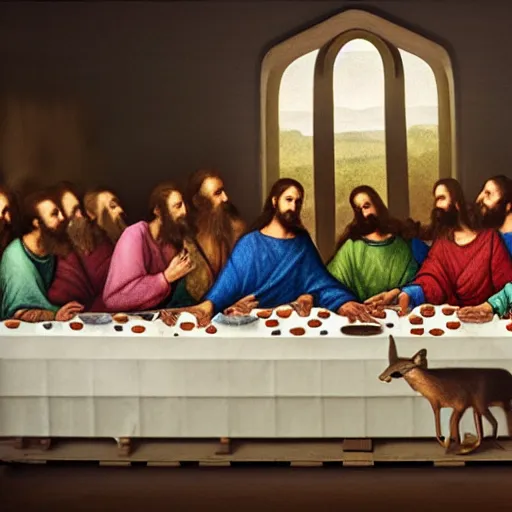 Prompt: a beautiful mixed mediart of the last supper, with jesus and his disciples replaced by various animals. the mixed mediart is set in a forest, with a deer at the head of the table and a squirrel and rabbit to either side. 4 k resolution by joel rea, by eddie mendoza offhand, a e s t h e t i c