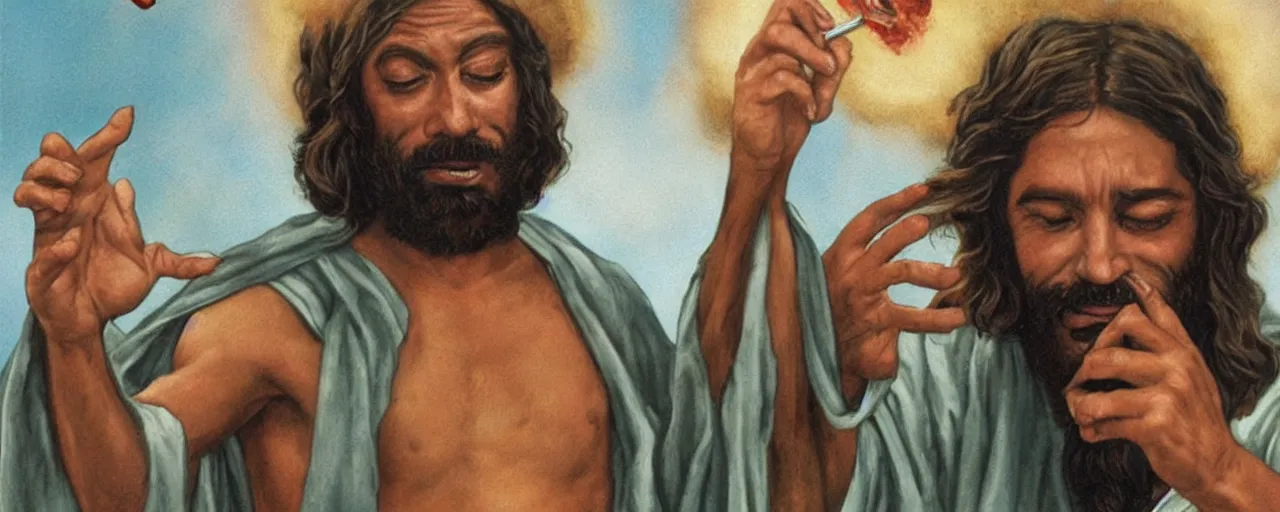 Image similar to jesus christ smoking a blunt, in the style of cheech and chong