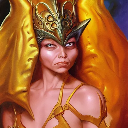 Prompt: portrait of ethereal young goblin princess in golden armour by Boris Vallejo