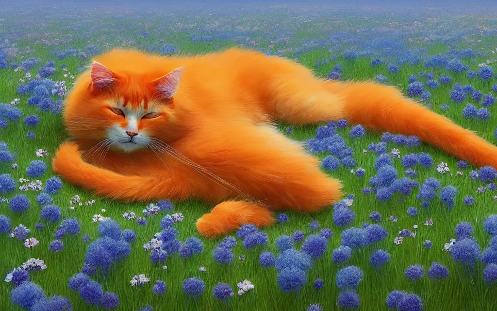 Image similar to fluffy orange cat sleeping in a field of blue flowers, matte painting, digital illustration, concept art, by makoto shinkai and ruan jia