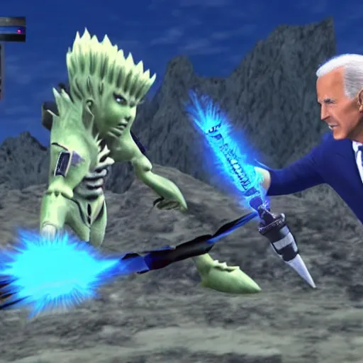 Image similar to joe biden fighting a monster in xenoblade chronicles