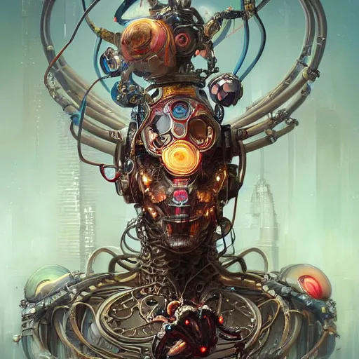 Image similar to biomechanical spider king, cyberpunk, bionics, augments, lights, cables, elegant gleaming intricate baroque jewellery, colorful, vivid, imposing, epic, digital painting, artstation, concept art, by peter mohrbacher and wlop and rhads,