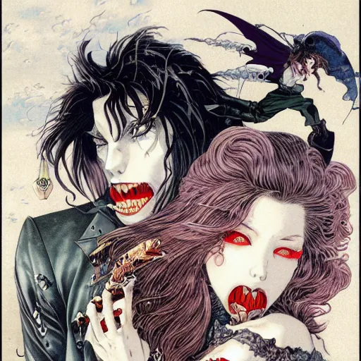 Prompt: vampire kiss, by yoichi hatakenaka, masamune shirow, josan gonzales and dan mumford, ayami kojima, takato yamamoto, karol bak