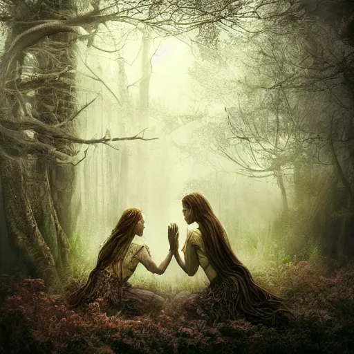 Image similar to sensual woman and her daughter making a sacrifice in a magical forest by leesha hannigan, fantasy, highly detailed faces, magical forest, pond, fog, digital art, artwork