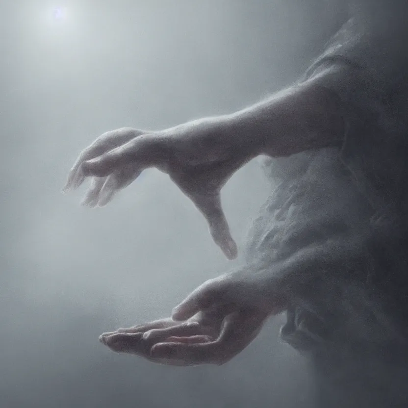 Prompt: a hand emerges from the mist, in the hand is a step ladder, atmospheric, hyper detailed, artistic lighting, 8k, trending on art station