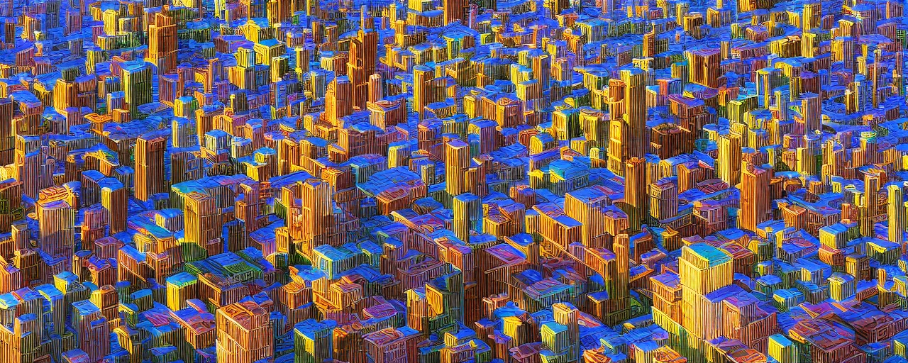 Image similar to a city made entirely out of Rubik\'s cubes, daylight, sunlight, lens flare, highly detailed, digital painting, artstation, concept art, smooth, sharp focus, 8k, photorealistic, 25mm f/1.7 ASPH Lens, ultra realistic steampunk illustration, art by greg rutkowski and alphonse mucha