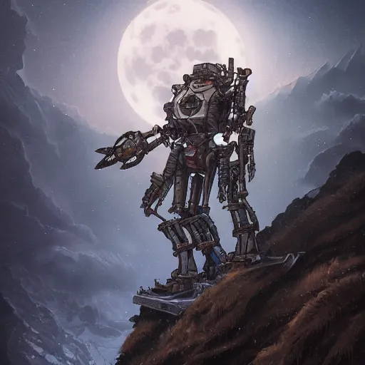 Image similar to portrait concept painting of a rampaging ashigaru mecha construct, on an icy mountaintop, moonlight, of bamboo, laquer and steel, steampunk - inspired by brian froud and greg rutkowski and jessica rossier