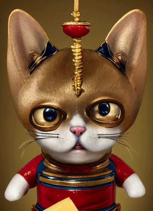 Prompt: closeup portrait of tin toy napoleon cat holding cheese, depth of field, zeiss lens, detailed, symmetrical, centered, fashion photoshoot, by nicoletta ceccoli, mark ryden, lostfish, earl nore, hyung tae, frank frazetta, breathtaking, 8 k resolution, extremely detailed, beautiful, establishing shot, artistic, hyperrealistic, octane render