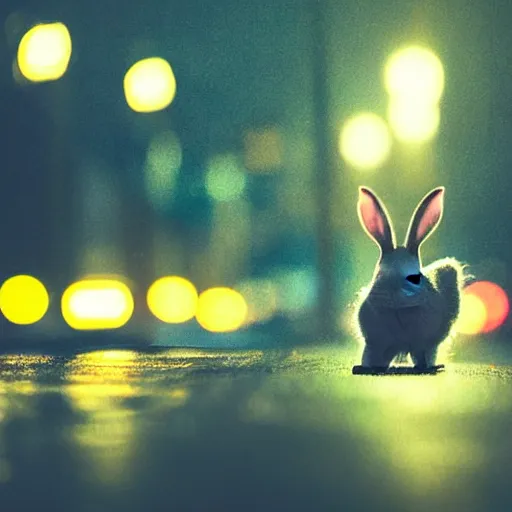 Image similar to lone rabbit in the middle of a street during a rainy night, lights, focused photo, low field of view, album cover