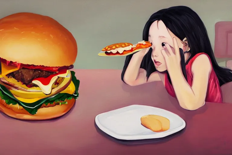 Prompt: painting of girl eating a hamburger, anime, cluttered, electronics, wire, dark lighting